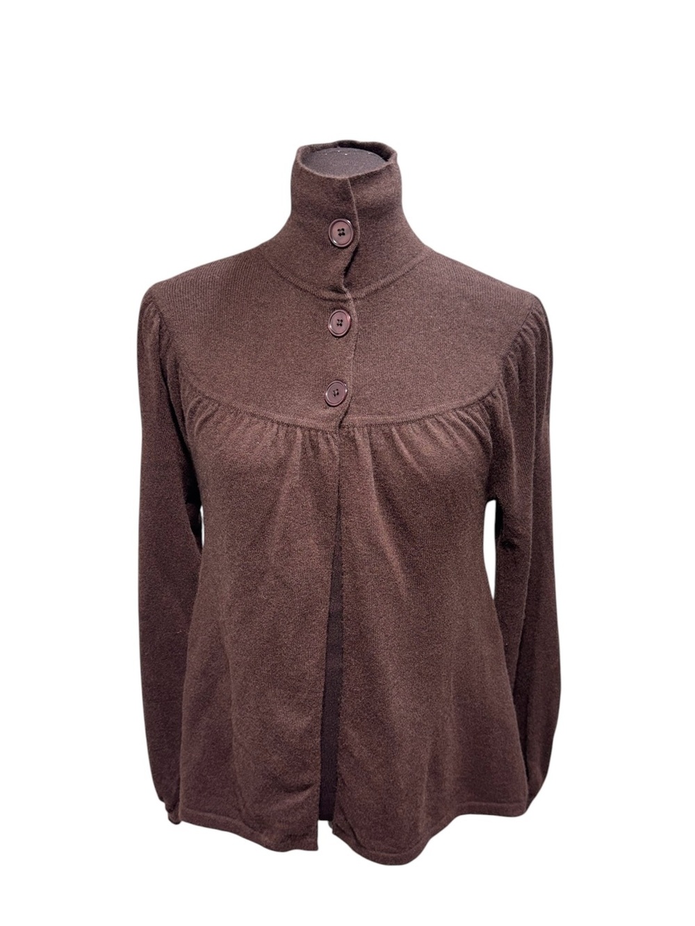 VTG Kenar 100% Cashmere Open Front Mock Neck Button Sweater Cardigan Chocolate M - Picture 2 of 11